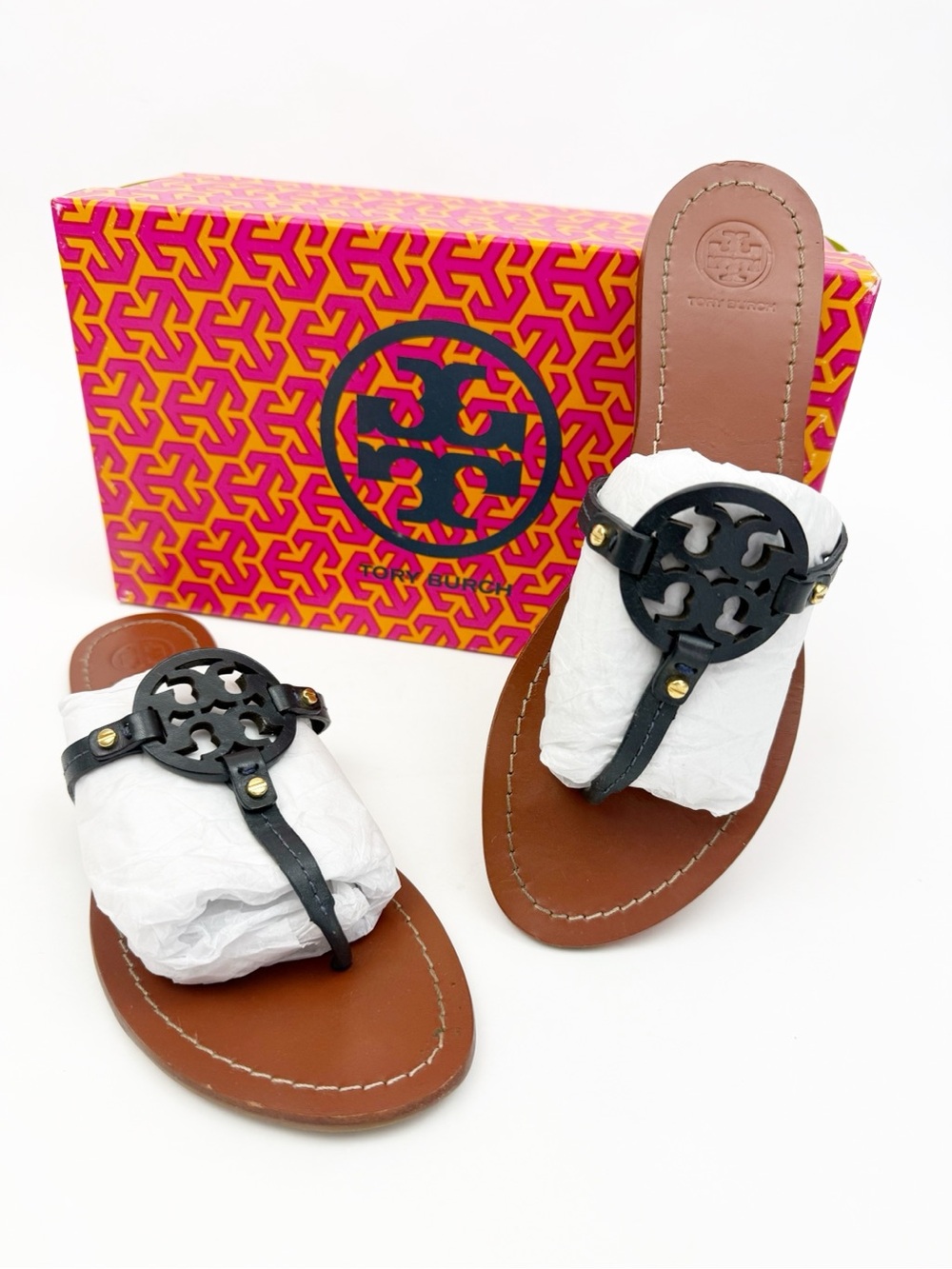 Tory Burch Gabriel Flat Tong Sandals Bright Navy Blue Veg Leather